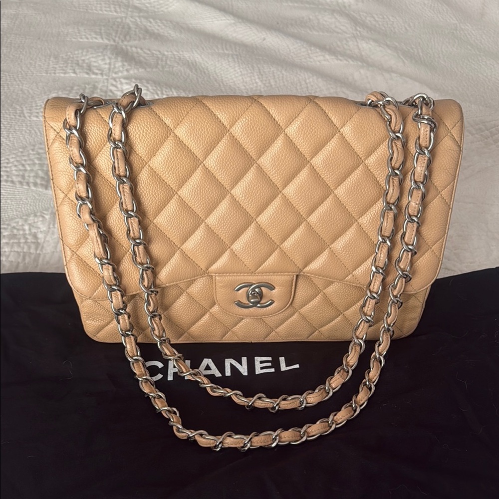 Chanel Caviar Jumbo Tan Single Flap Bag.